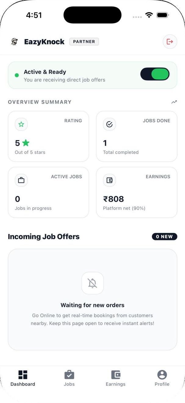 EazyKnock Partner dashboard — earnings, ratings and incoming job offers