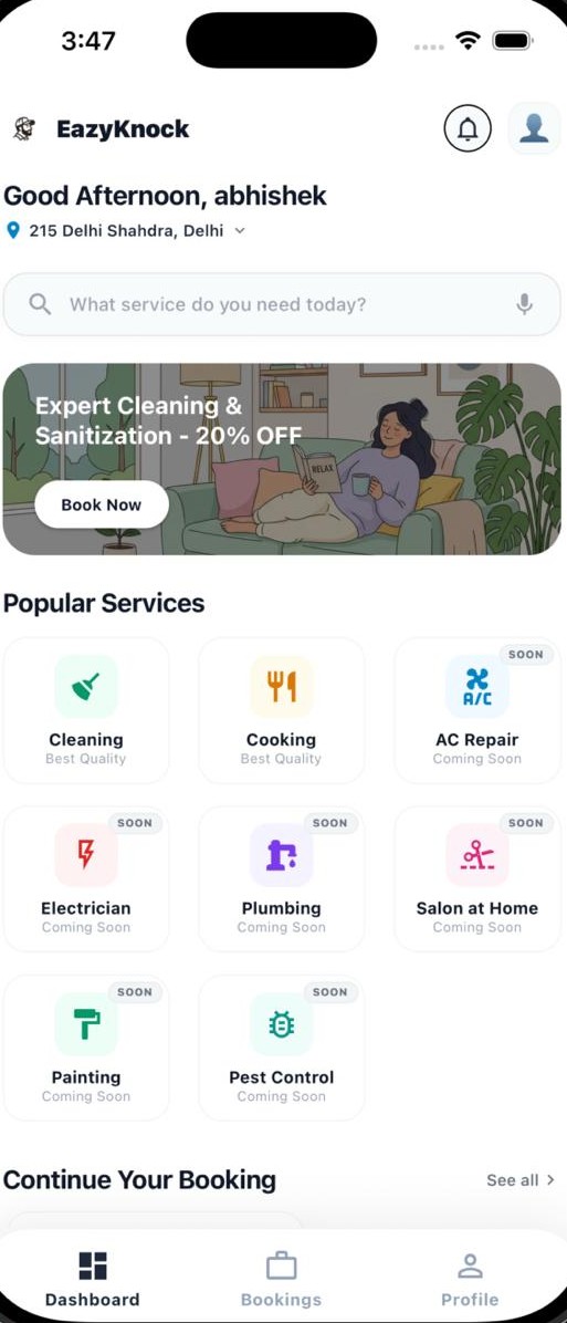 EazyKnock app home screen — browse services